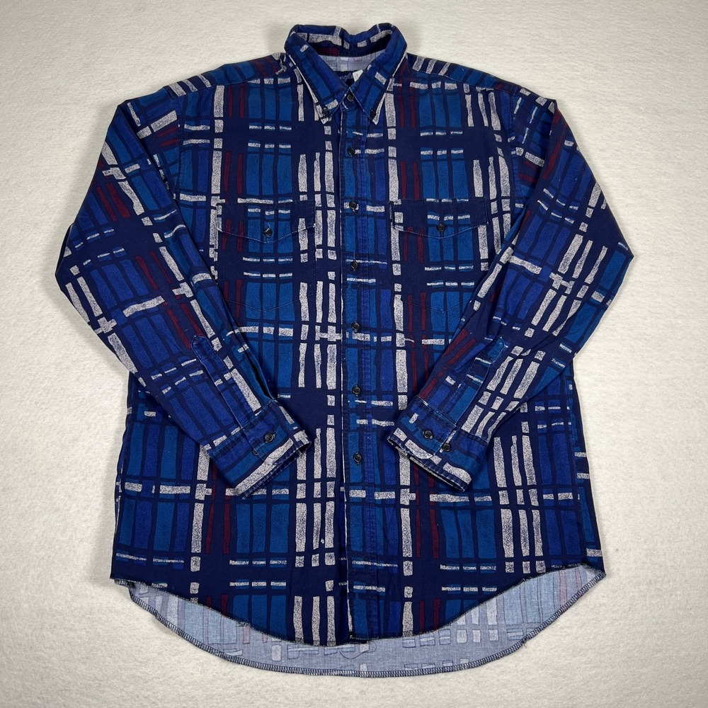 Vintage Wrangler Shirt Mens Large Blue Geometric Print X-Long Tails 90s Western